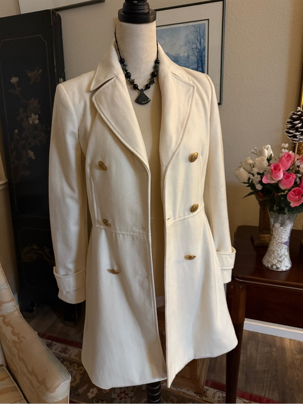 Banana Republic Cream Double-Breasted Wool Pea Coat